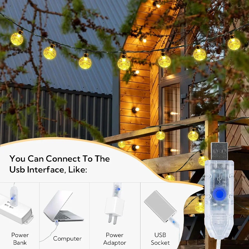 USB Bubble Ball Light String Lights Outdoor Crystal Globe LED Fairy Lights 8Mode Remote Garden Party Easter Christmas Wedding