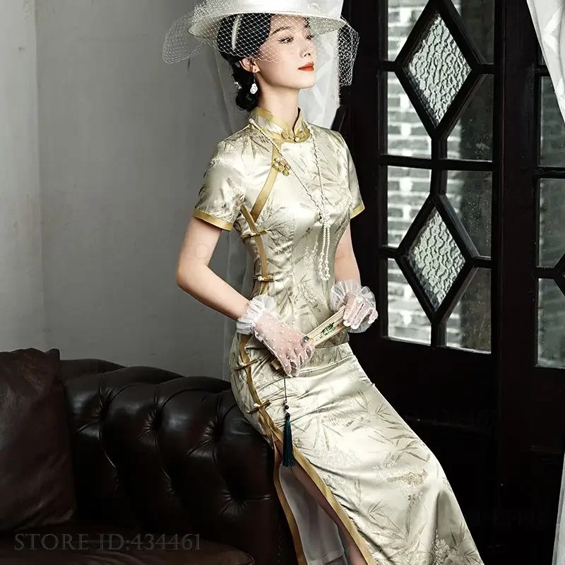 

Sexy Print Bamboo Slim Cheongsam Traditional Chinese Long Qipao Spring Summer Short Sleeve Chinese Dress Lady Vestidos De Festa