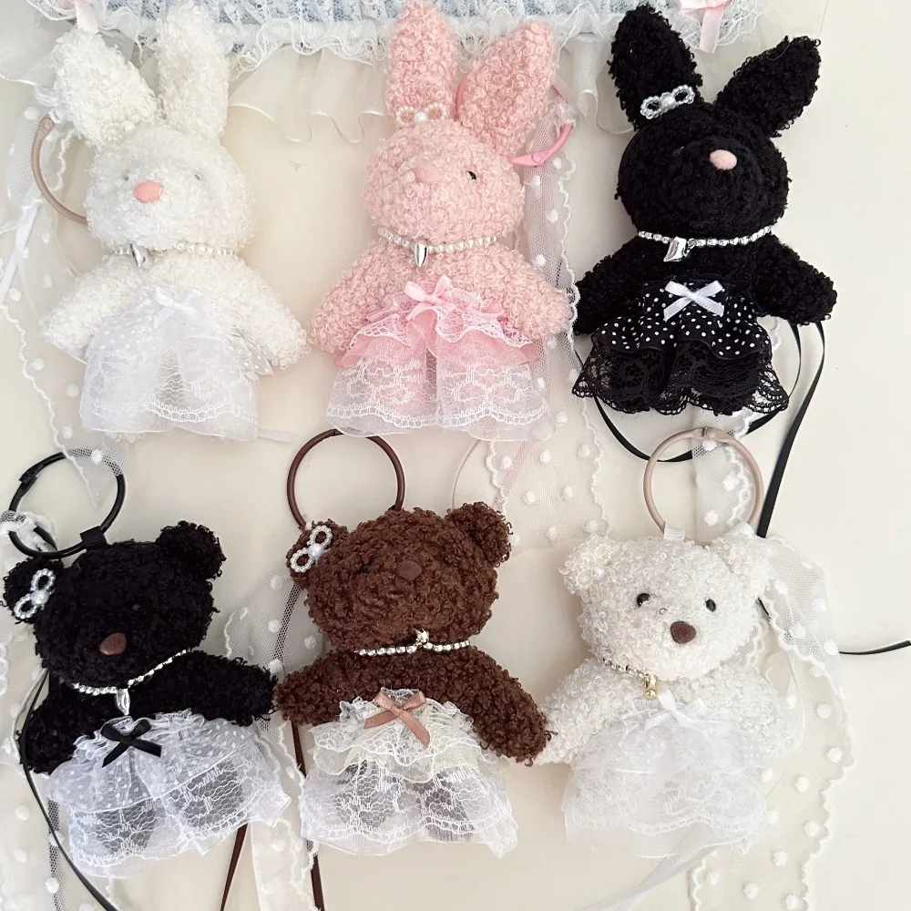 Creative PP Cotton Lace Skirt Bear Keychain Pearl Korean Style Plush Rabbit Pendant Bow Soft Y2K Doll Bag Charm Couple