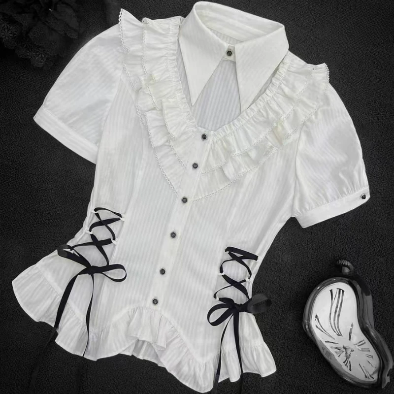 

Japanese Kawaii Lolita Blouses Women Gothic Sweet Ruffles Bandage Shirts Tops Y2k Aesthetic Cospaly JK Short Sleeved Slim Blusas