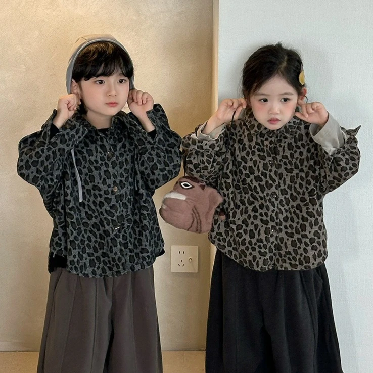 Shirt 2026 Spring and Autumn New Childrens Clothing Korean Style Boys and Girls Fashion Retro Leopard Print Long-sleeved Shirt