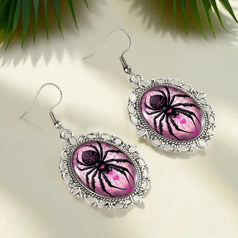 Gothic Pink Black Spider Oval Drop Earrings Retro Ornate Frame Glass Art Print Earrings Halloween Cosplay Jewelry Gift For Women