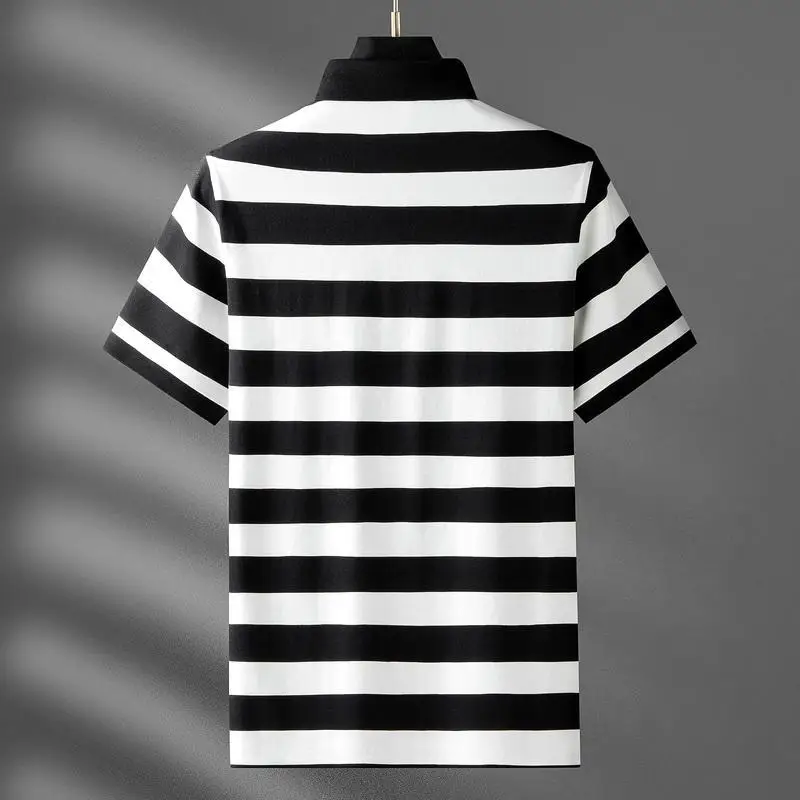 2024 New Fashion Trend Light Luxury Business Stripe Print Casual Loose Oversize Simple Versatile Short Sleeve Polo Shirts