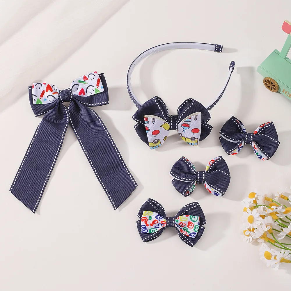 Student Uniform Hair Accessory Kit Cartoon Print Ribbon Bow Headband Large Streamer Bow Small Pair Hair Clips for Toddler Girls