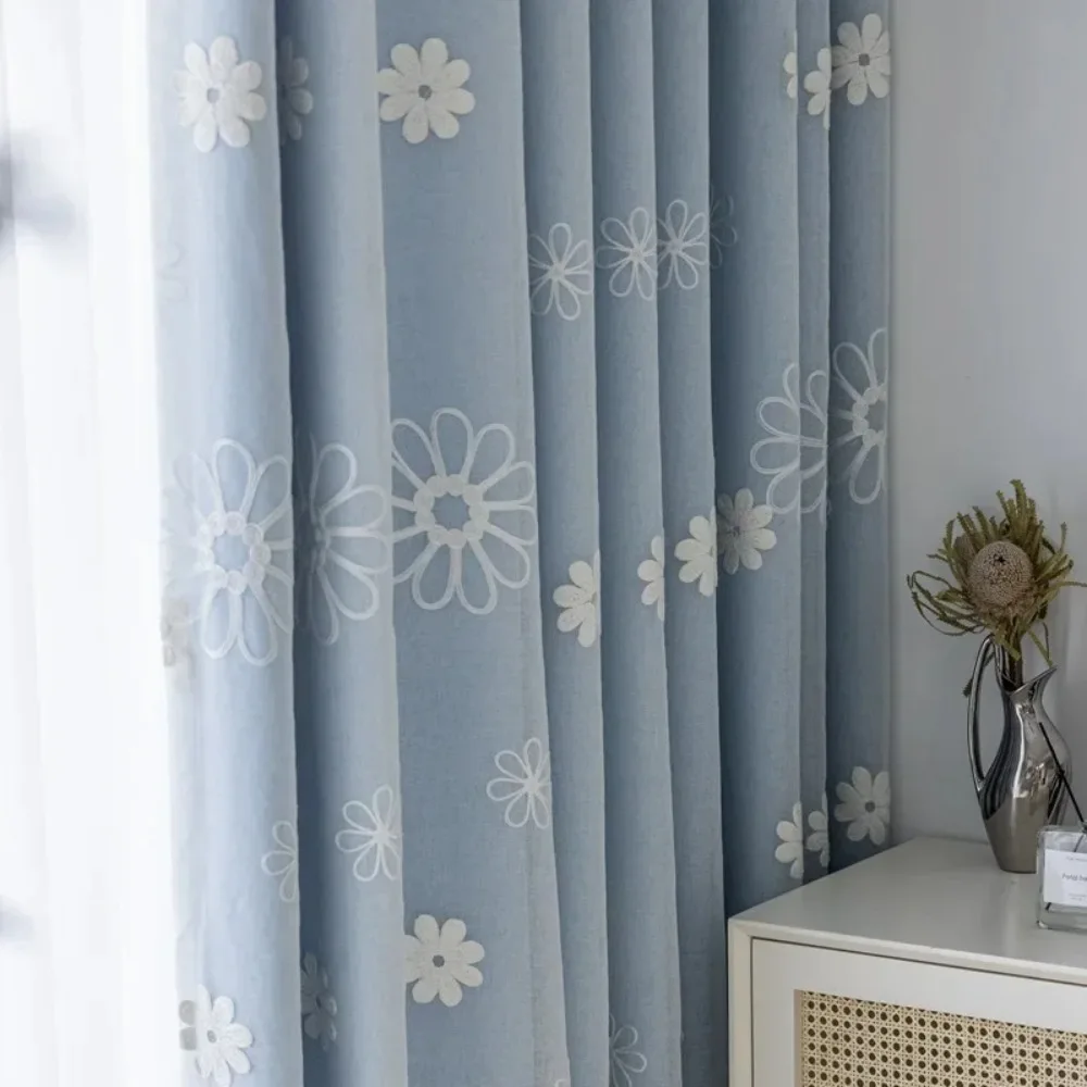 Korean Style Warm High Shading Nordic Simple Small Fresh Gauze Embroidery Double Layer Curtains for Living Dining Room Bedroom