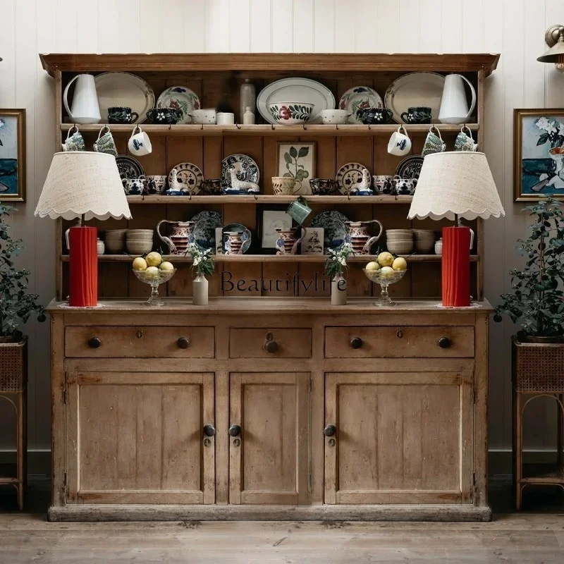 

3American Retro Solid Wood Sideboard White Ash Wood Vintage Country Light Luxury Style Wall Sideboard