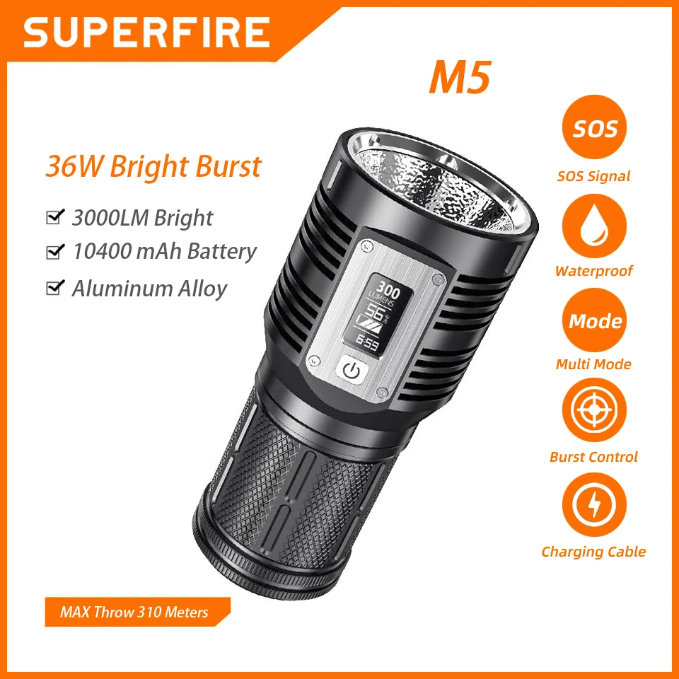 SUPERFIRE M5 36W 10400mAh Led Flashlight 3000LM Super Bright 310 Meters Long Range Torch Ultra Powerful Camping Fishing Lantern