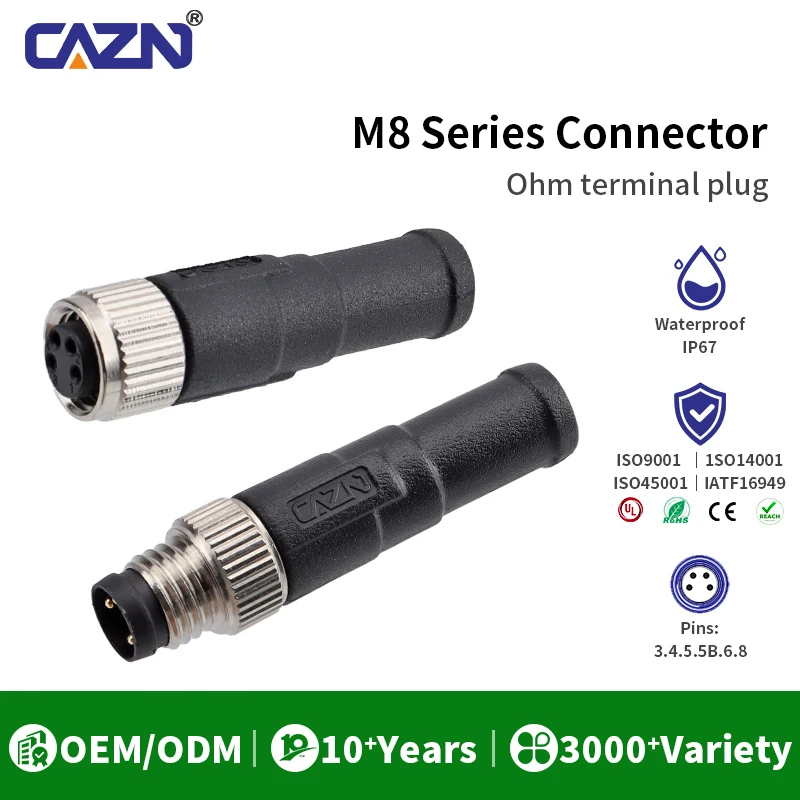 M8 120Ω Terminal Resistor Plug Male Female 3 4 Pin A-Code Straight IP67 for Signal Transmission & CAN Bus