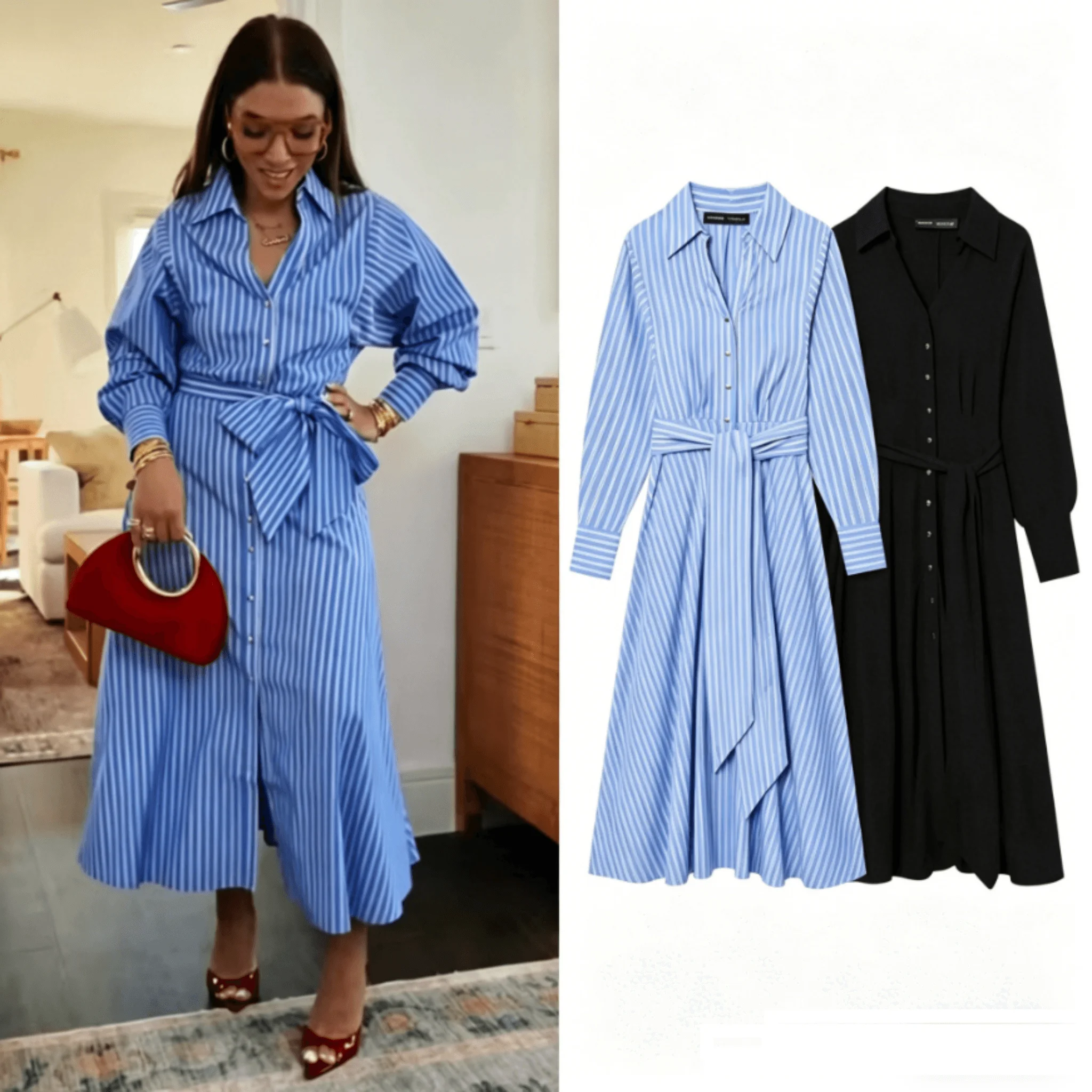 Neu eingetroffen: Gestreiftes Hemdkleid für Damen, einreihig, mit Gürtel, langes Kleid, mehrfarbig, für Frühling, Pendeln und Urlaub 2026
