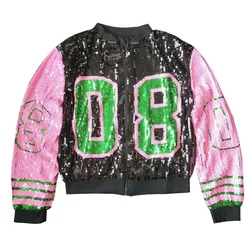 CHIC Ins European American Bling Sequined Women's Jacket Hiphop Junior Girls Street Bomber Zipper Patchwork Top Street Outerwear