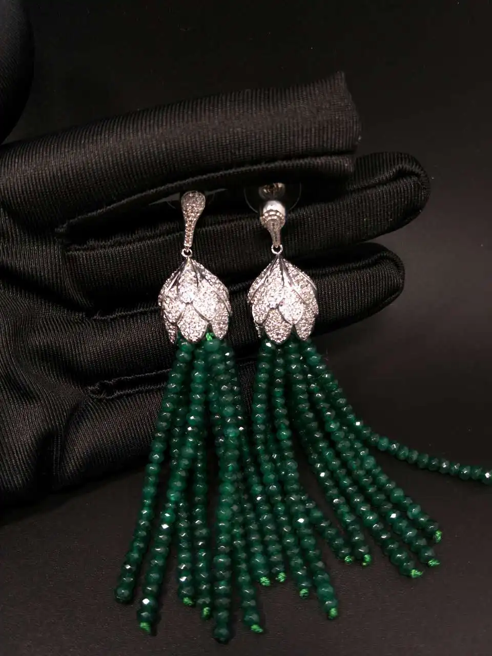 Green Agates CZ Paved Tassel Silver Plated Stud Earrings Handmade For Women Fashion Jewelry