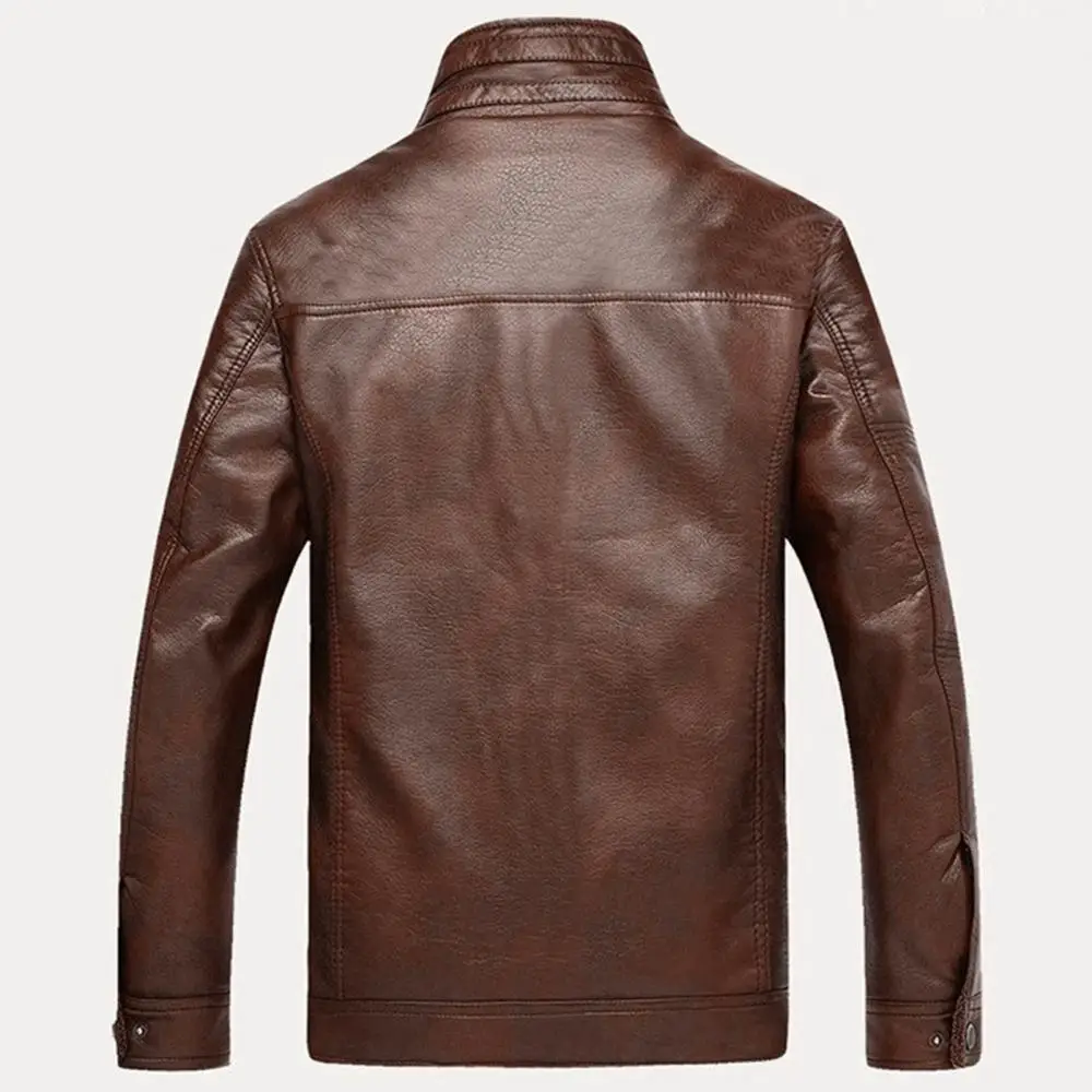 

Warm Fleece Jacket Long Sleeve Men Faux Leather Stand Collar Lined Zip Short Jacket