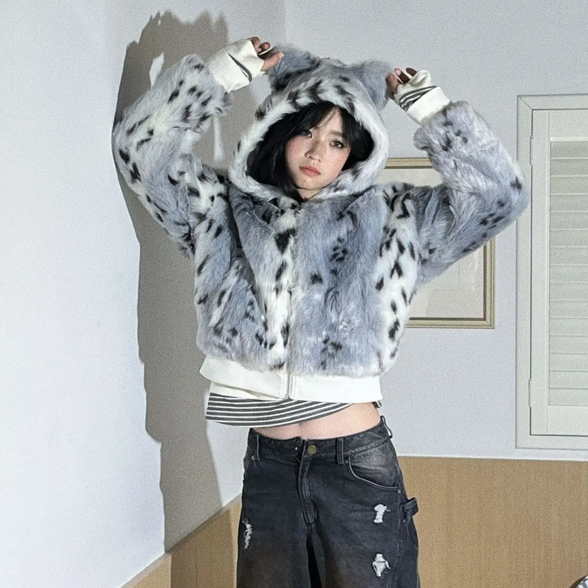 Sweater Subculture Y2k Kitten Graffiti Cotton Coat Fur Reversible Cat Ear Hooded Coat Sweet Cool Hot Girl Top