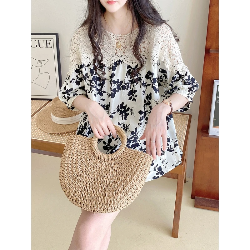 Spring Autumn New Fashion Pure Cotton Printing Shirts Women\'s Clothing Hollow Out Patchwork Lace Korean Loose Chaopai Blouses