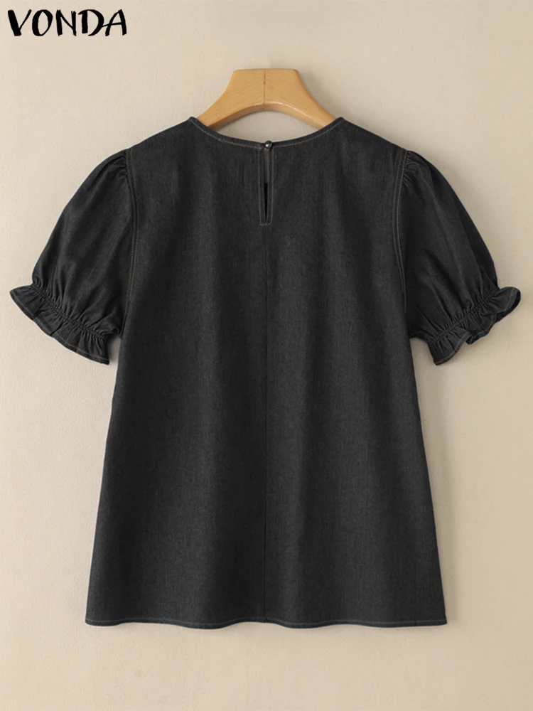 2025 Fashion Blouse VONDA Women Denim Summer Tunic Tops Elegant Short Puff Sleeve Shirts Casual Loose Solid Color Vintage Blusas
