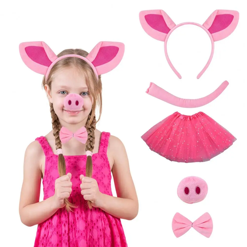 Невыцветающая повязка на голову для девочек, костюм свиньи для косплея, комплект с повязкой на голову со свиными ушками, галстук с бантом, сетчатая пряжа для носа для детей для купания