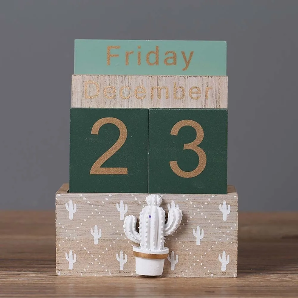 Aesthetic Wooden Perpetual Calendar Cactus Manual Desk Calendar Ornament Home Decoration Pineapple Date Display Ornament Office