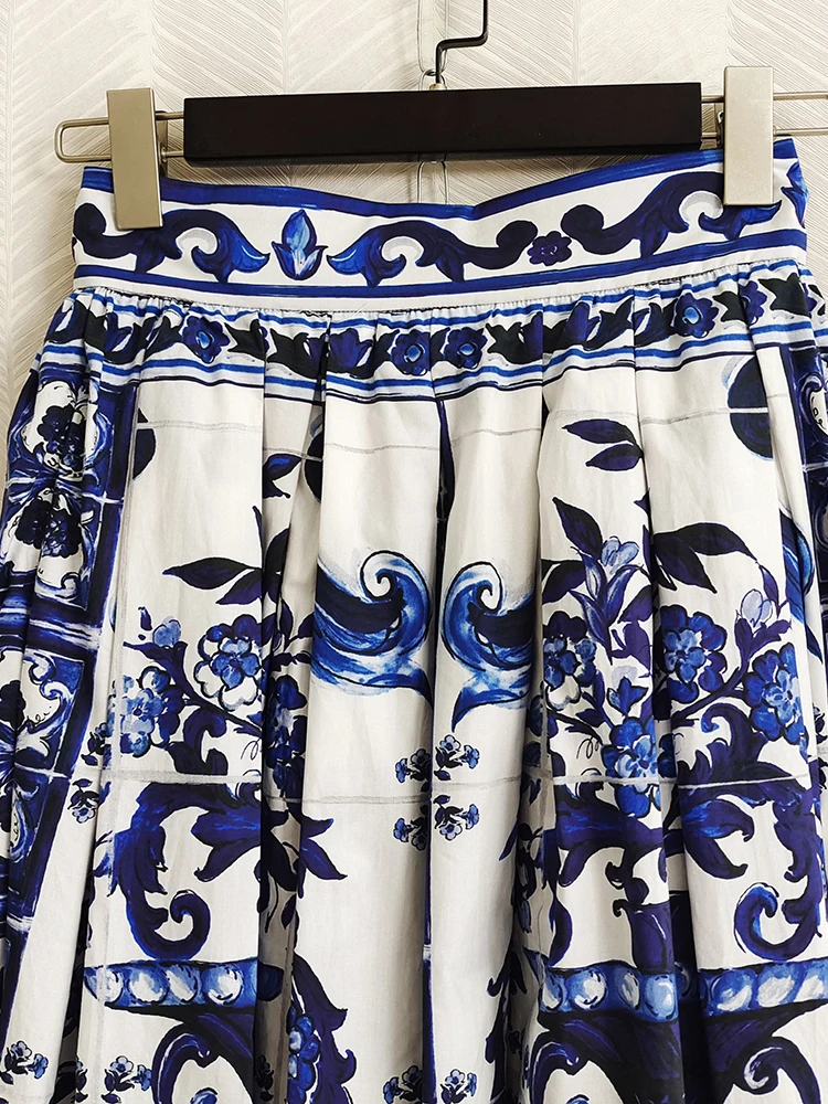 AELESEEN 2022 Women 100% Cotton Skirt Runway Fashion Sicilian Porcelian Printed Blue White Flower Elegant Long Party Holiday