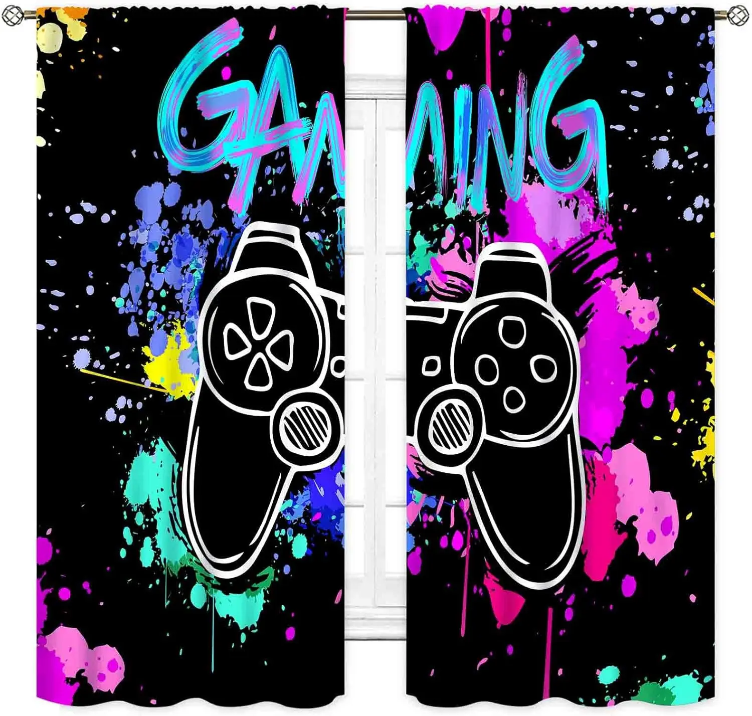 Gaming Themed Curtains for Boys Room, Colorful Video Game Controller Drapes, Kids Teens Bedroom & Playroom Window Panels