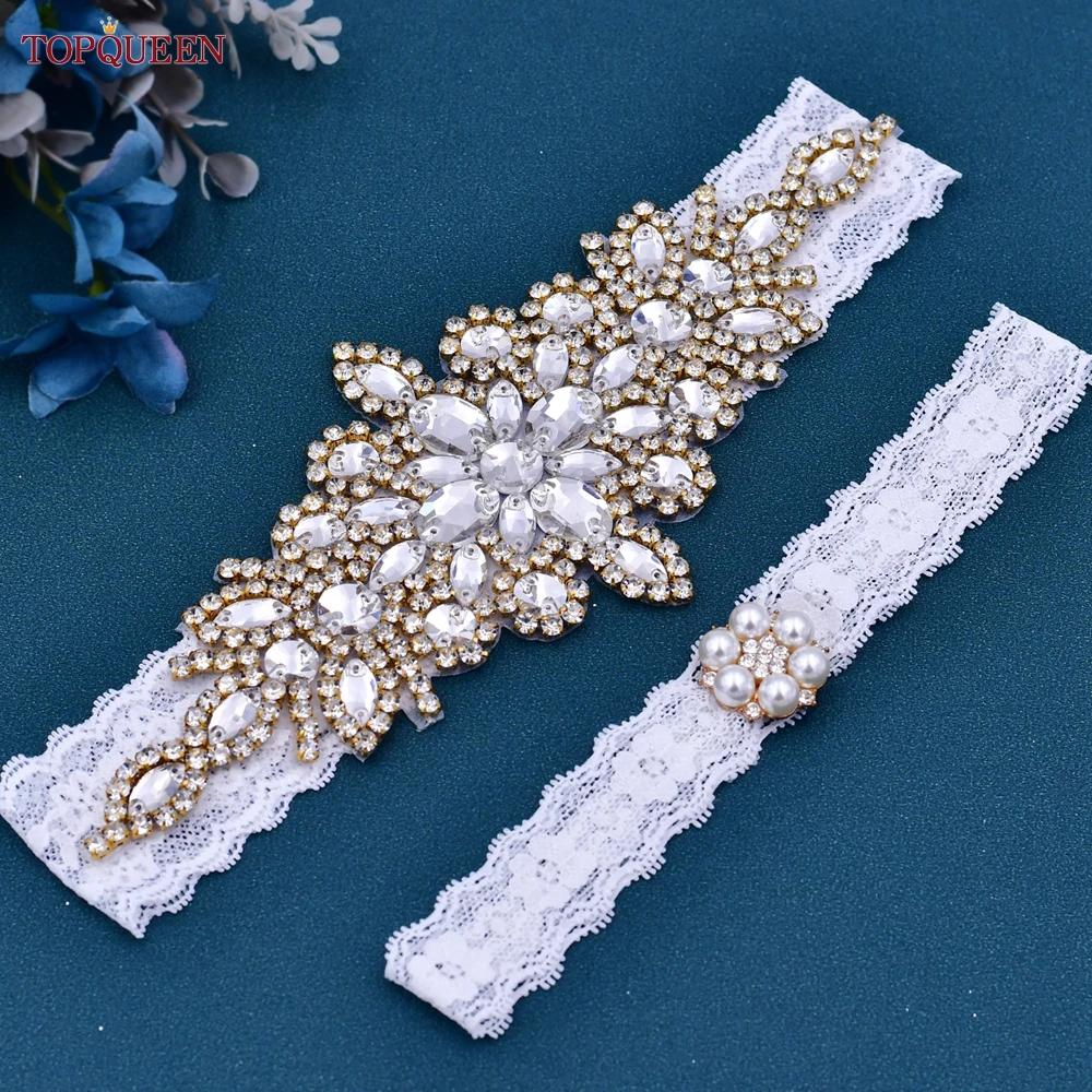 TOPQUEEN THS01-G Wedding Garter White Lace Elastic Belt Gold Decoration Sparkly Sexy Female Women Bridal Leg Ring Rhinestones