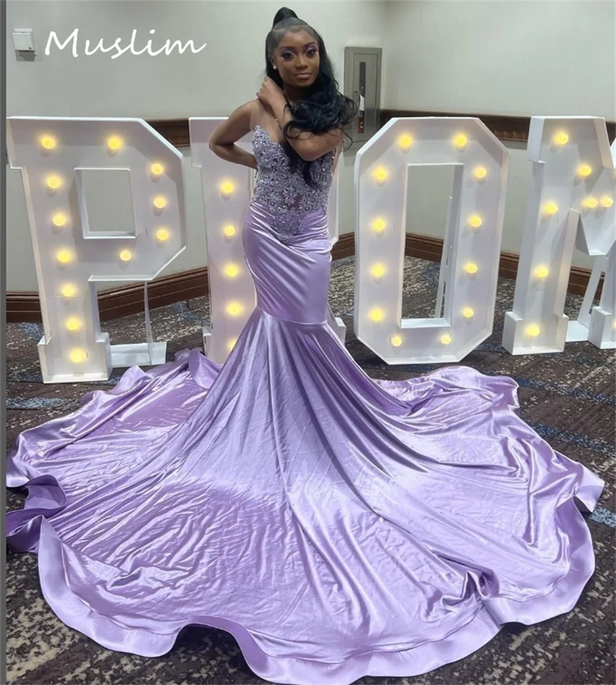 Lilafarbenes Meerjungfrau-Abendkleid mit perlenbesetzter langer Schleppe, schwarze Mädchen-elegante Ballkleider, ärmellos, für formelle Anlässe, Party, individuell