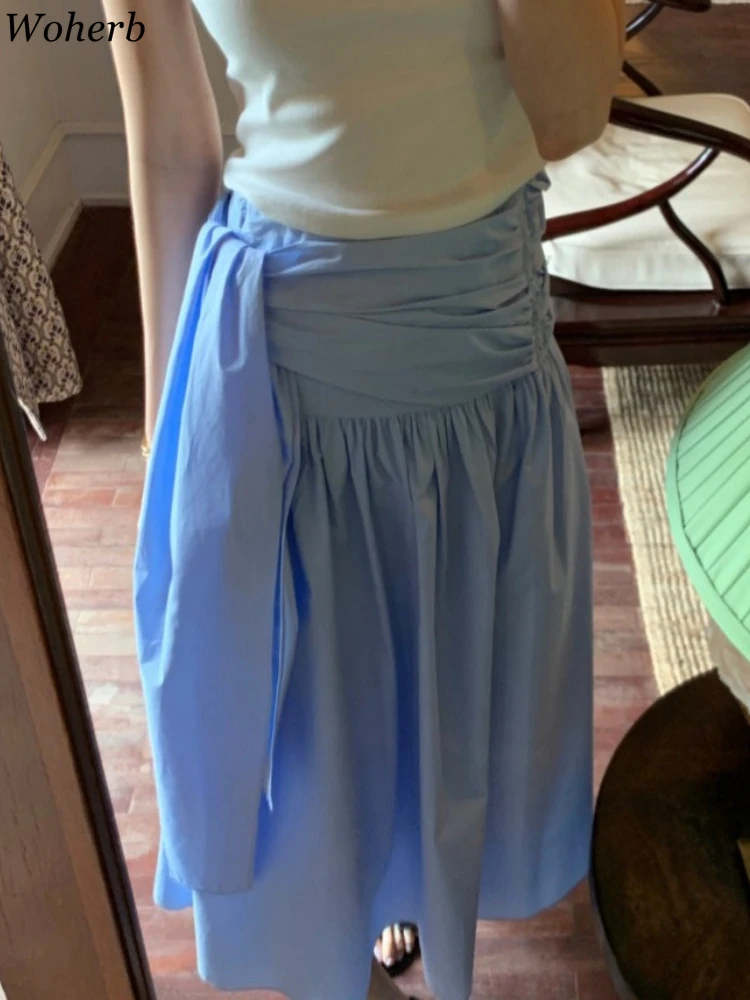 

Korean Bandage Long Skirt Women Chic Vintage Jupe 2025 Faldas Mujer De Moda Fashion Summer Saia High Waist A-Line Pleated Skirts