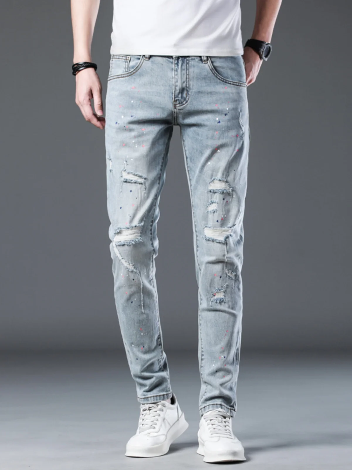 

Hong Kong High-End Men's Slim Fit Denim Jeans Spring New Style Vintage Casual Long Pants Splashed Ink Hole Design Fashionable