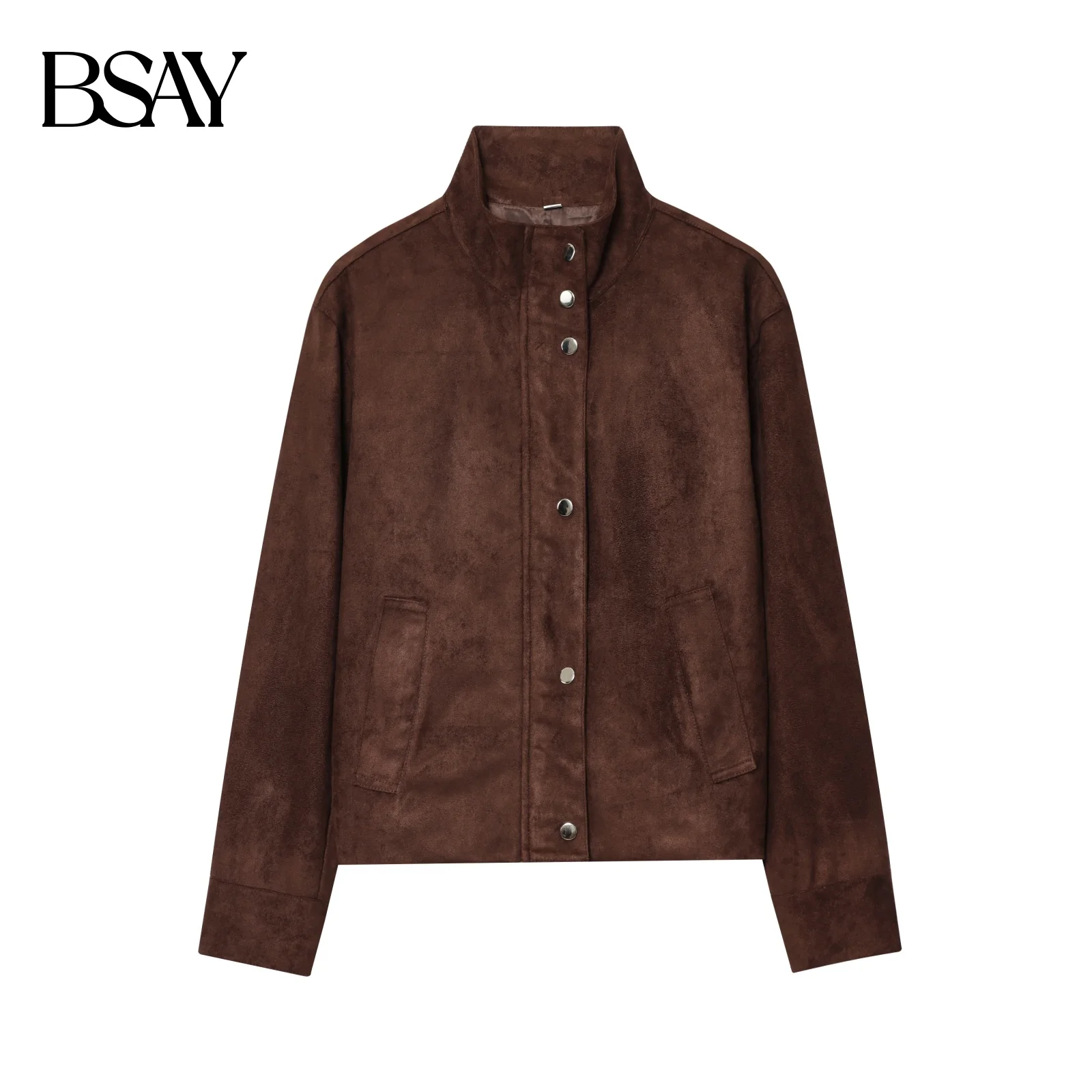 BSAY Autumn New Product 2025 Women's Retro Fashion Casual Stand up Collar Button Zipper Waist Jacket Coat
