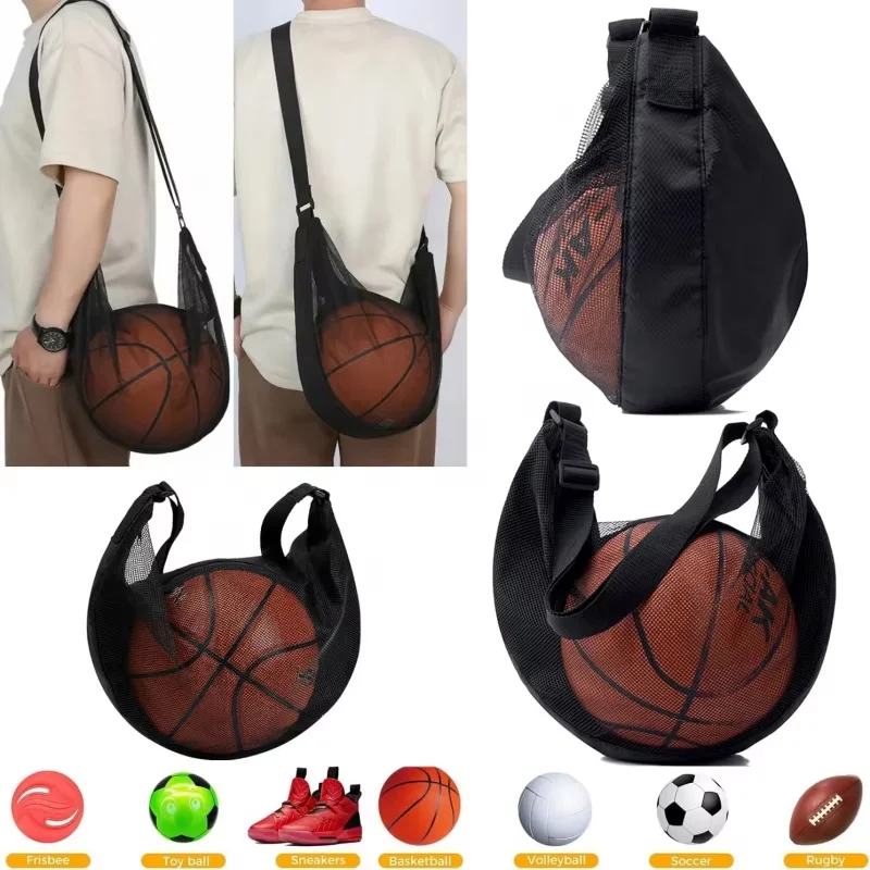Anti-Tear Mesh Single Ball Bag Fits Size 7 Basketball Soccer Volleyball Crossbody Carrier With Adjustable Strap & Zipper