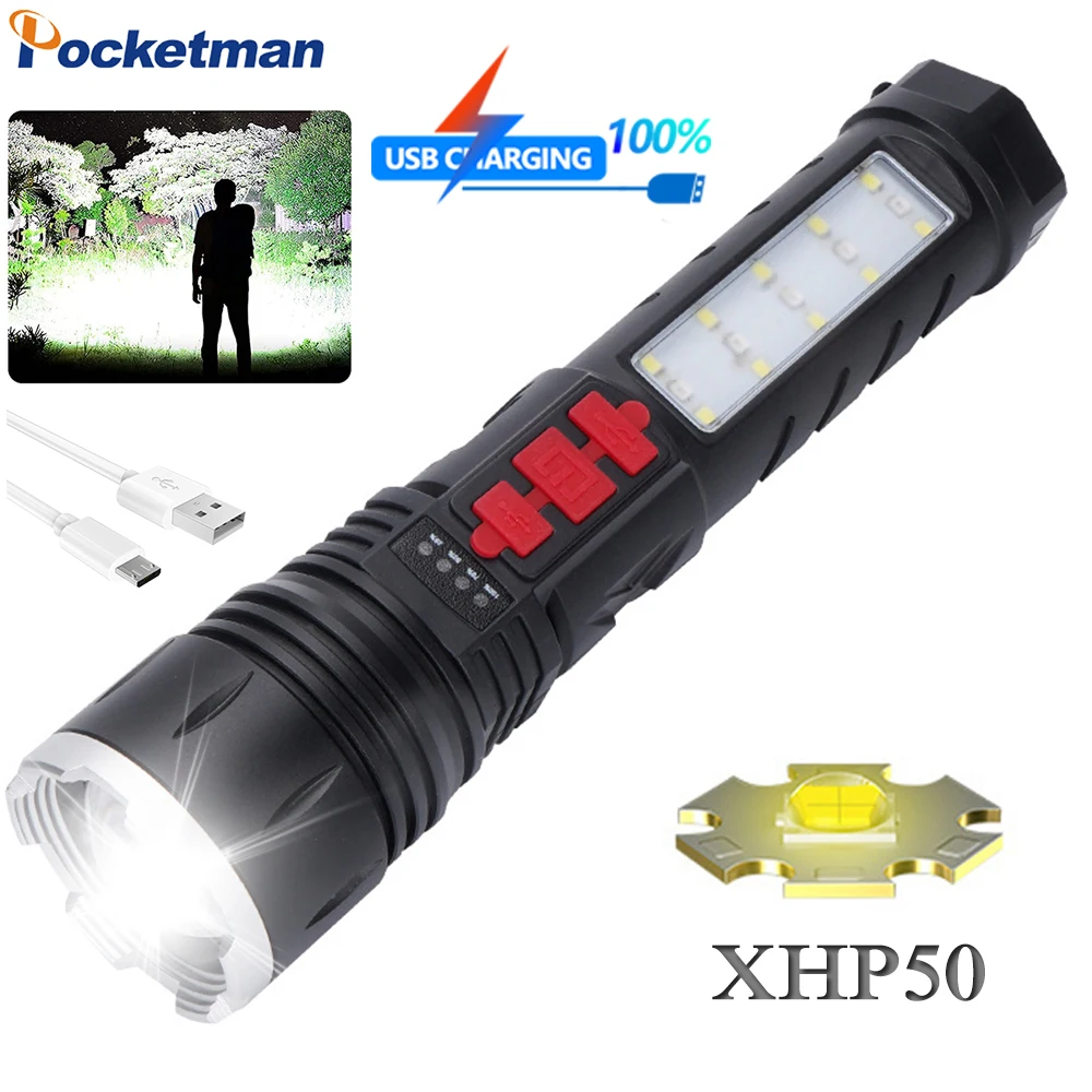 

High Lumen XHP50 LED Flashlight Type-C USB Rechargeable Flashlights Waterproof Torch Telescopic Zoom Flashlight SOS Flashlight