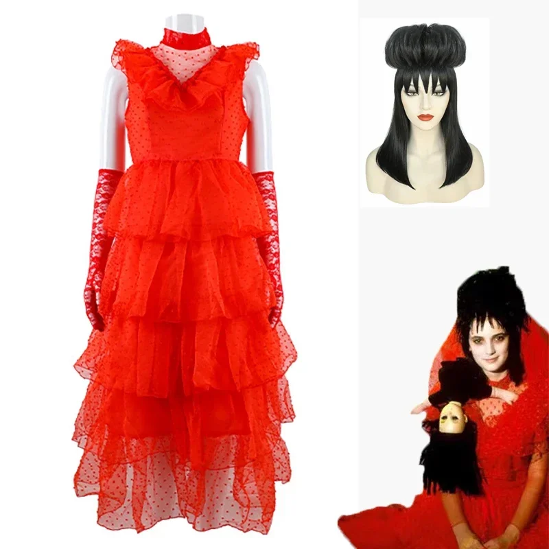 Movie Bride Lydia Deetz Cosplay Costume Adult Women Red Gothic Wedding Dress Suit Halloween Party Uniform Outfit Carnival