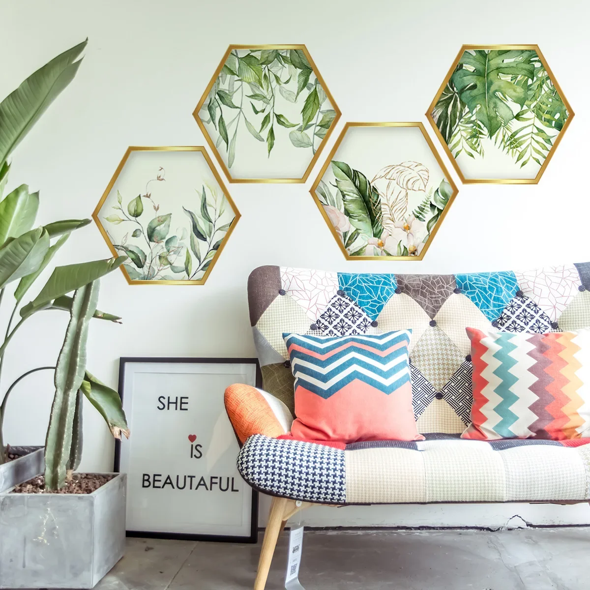 Set of Four Style Green Plants Motifs hexagon Wall Decals for Living Room and Bedroom Background Decoration Self-adhesive PVC