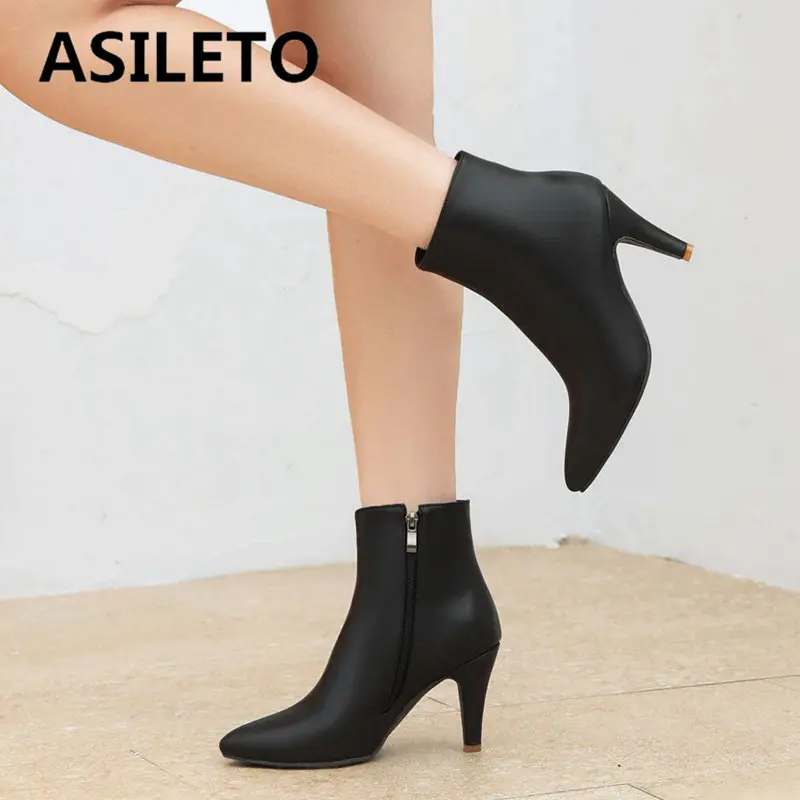 ASILETO Sexy Women Boots Plus Size 46 47 Pointed Toe Thin High Heels 8.5cm Zipper Autumn Winter Party Fashion Ankle Bota 33 34