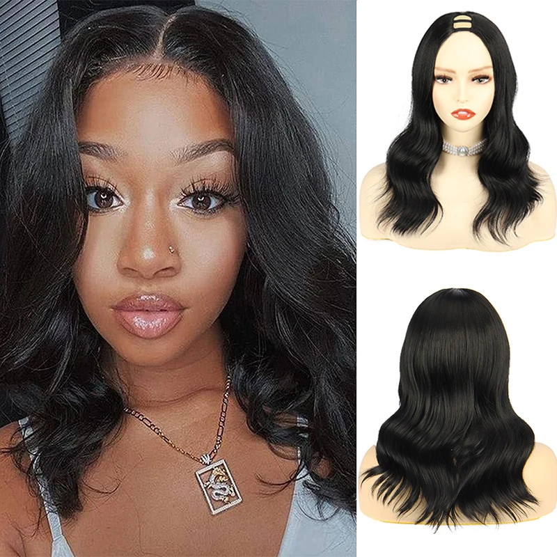 

European and American Women's U Part Wig Black Wavy Short Curly Synthetic Hairpiece