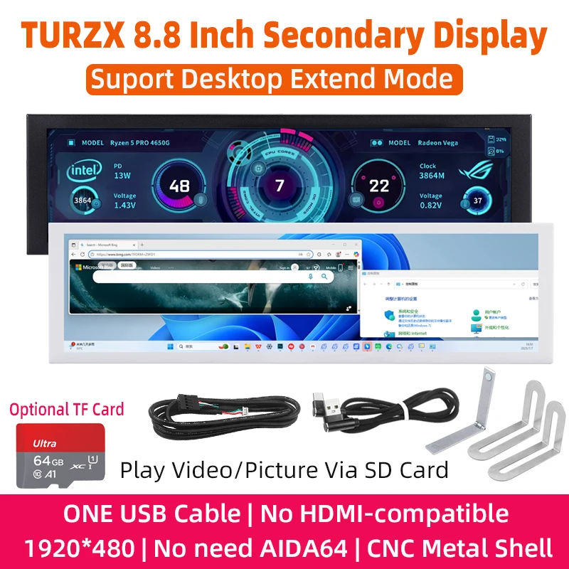 TURZX 8.8 Inch Chassis Secondary Screen USB Type-C 1280*800 IPS LCD Display Support Desktop Extend TF Card Display PC Monitor