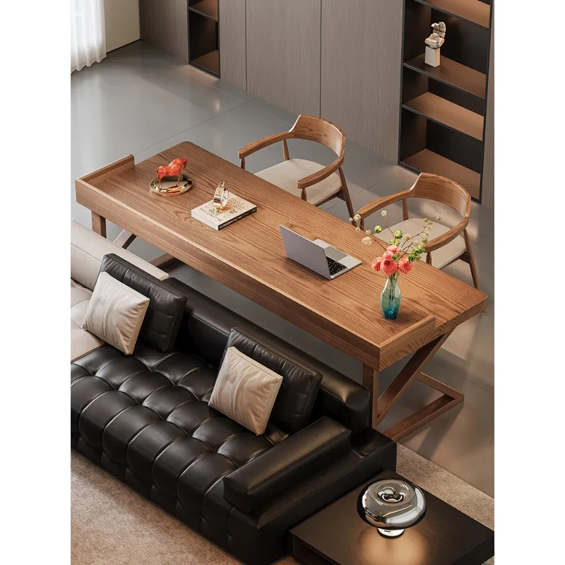 long table behind the sofa, large long desk in the living room, solid wood reading and learning computer home desk, workbench