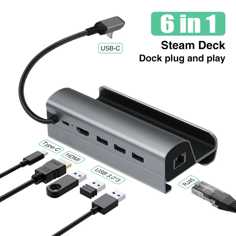 Docking Station Compatible with Steam Deck 6-in-1 Steam Deck Dock with 4K@60Hz Gigabit Ethernet 3 USB-A 3.0 Charging USB-C Hub