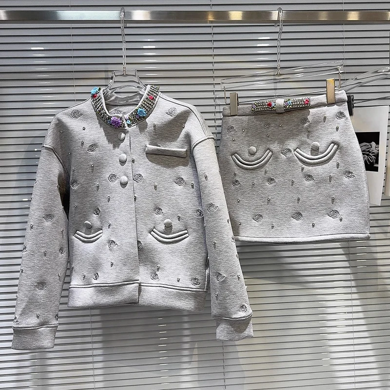 2025 Autumn and Winter New Colorful Flower Nail Diamond Collar Embossed Space Cotton Coat+Slimming Short Skirt Sweet Set