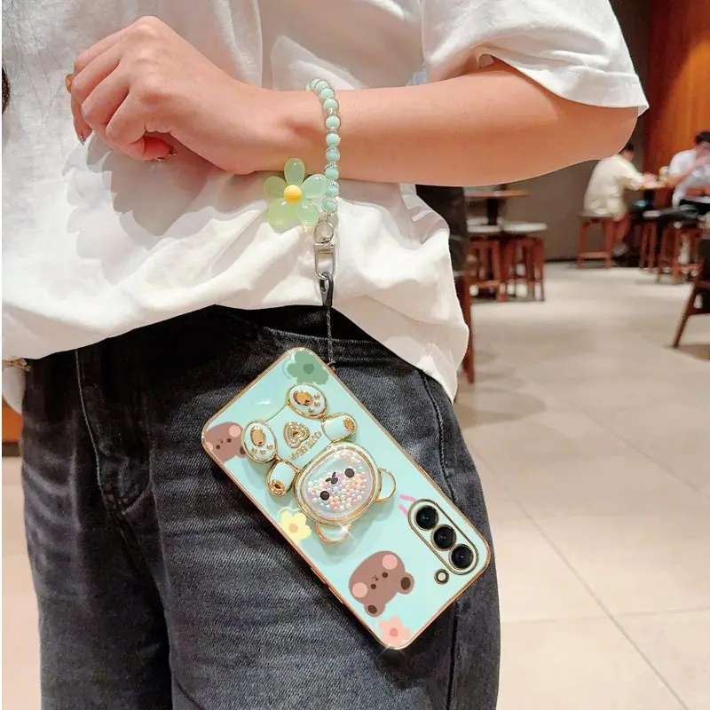 Etui na telefon Flower Strap Lanyard Cute Bear do Samsung Galaxy S24 S8 S9 S10 S20 S21 S22 S23 Ultra Plus FE Stand Cover