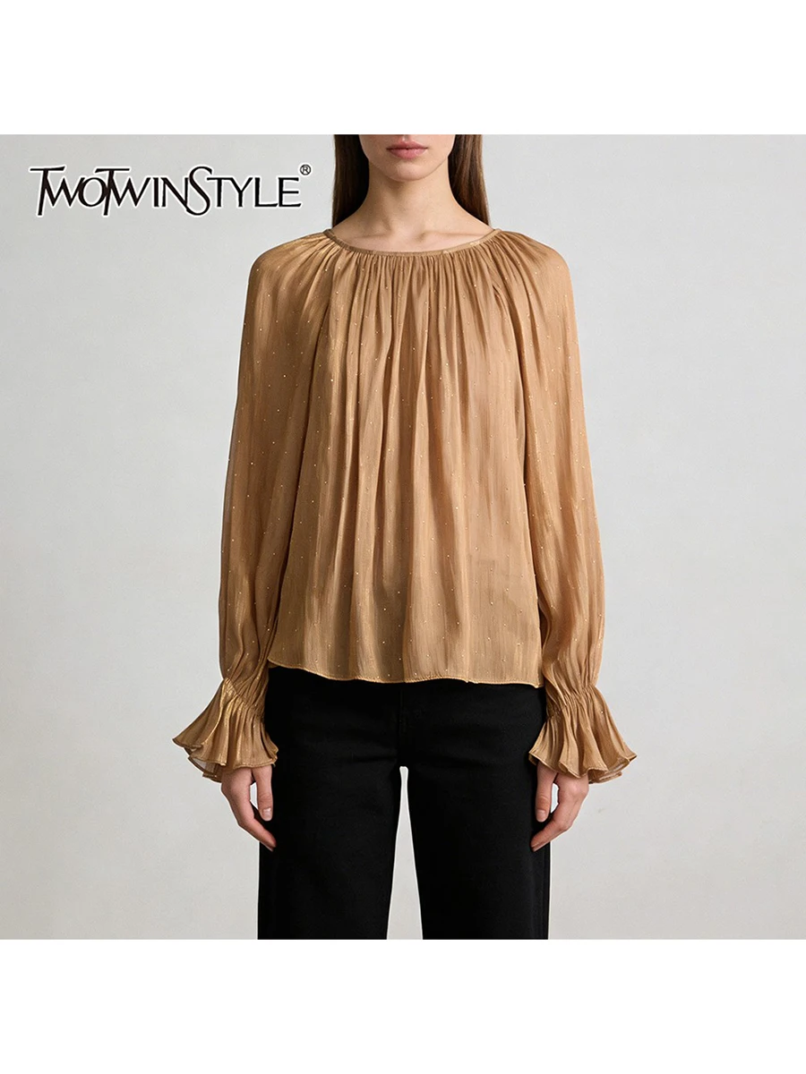 

TWOTWINSTYLE Loose Spliced Wave Point Casual Blouses for Women Round Neck Long Sleeves Patchwork Shirring Blouse Female Clothing