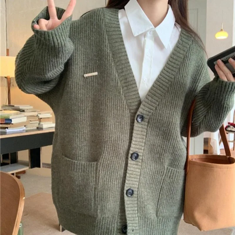 Preppy Style Cardigans for Women Long Sleeve Knitted V-neck Solid All-match Warm Ins Fashion Loose Ulzzang Elegant Spring Autumn