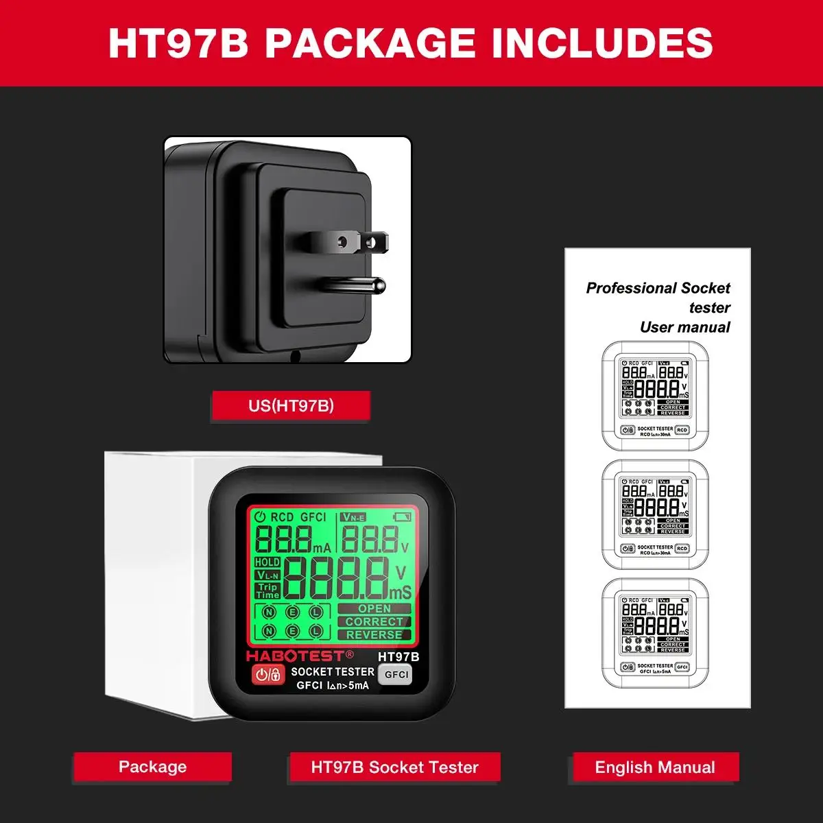 HABOTEST HT97 Digitaler Steckdosentester Intelligenter Spannungsdetektor RCD GFCI Spannungstest EU US UK Stecker Großes Display Steckdosentester – Detail 13