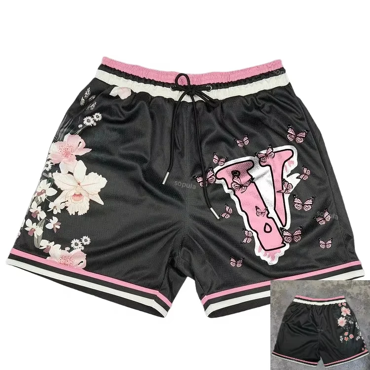 2026 Summer New Black Mesh Basketball Shorts Pink White Striped Waistband Hem Floral Butterfly Print Y2K Five Point Shorts