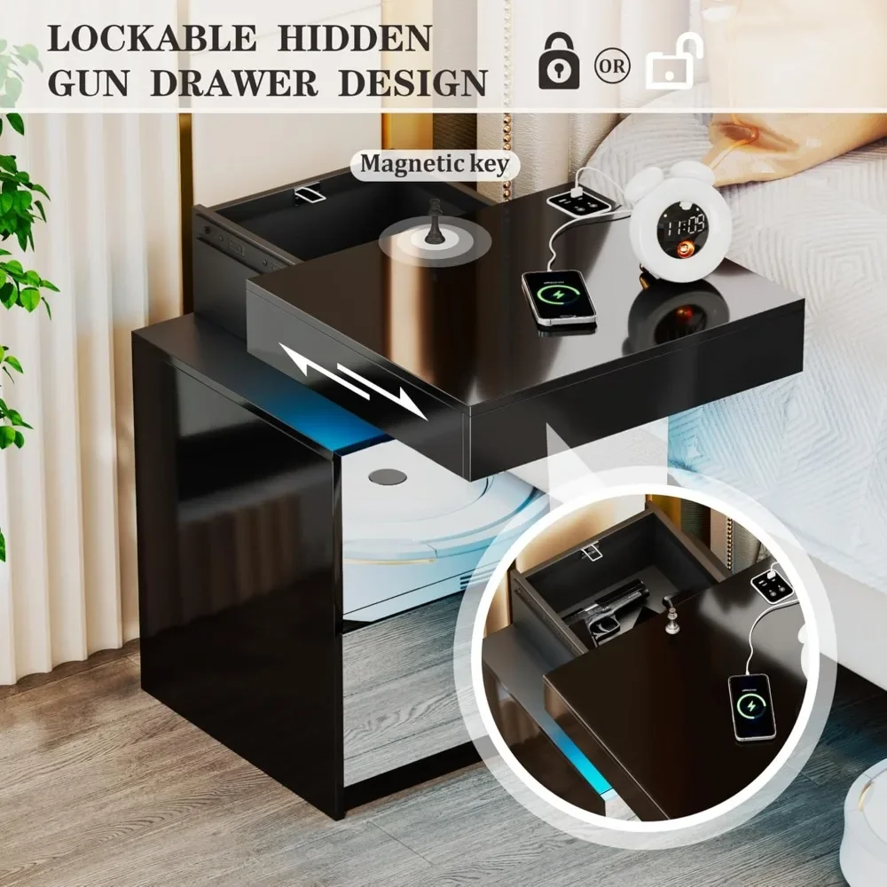LED Nightstand Set of 2 - Bedside Table with Charging Station and 2 Mirrored Drawers Sliding Top with Magnetic Lock - Modern - view 3