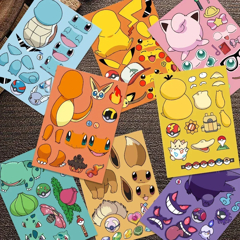 8/16 Sheets Pikachu Puzzle Stickers Make-a-Face Funny Assemble Jigsaw DIY Children Cartoon Pokemon Sticker Kid Educational Toys