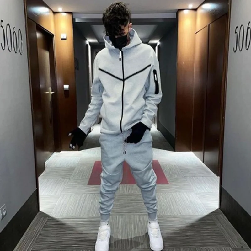 2024 New European and American Sports Set Men's Hoodie Fashion Casual Sports Zipper Coat Long Pants Set