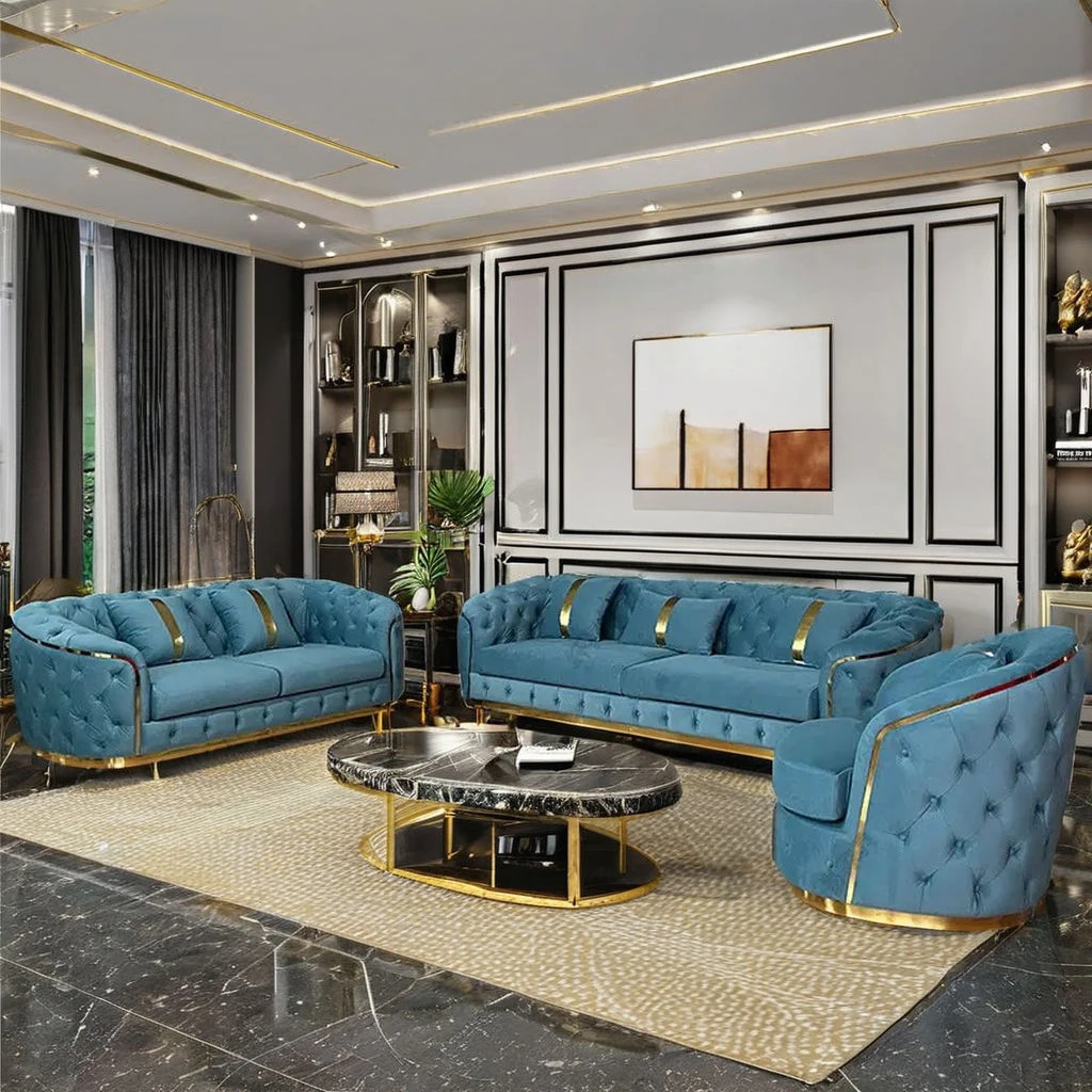 

# Luxury Seater Chesterfield Sofa Gold Stainless Steel Velvet Upholstery Elegant Bed Set Hotel Home Living Room Furniture Hall