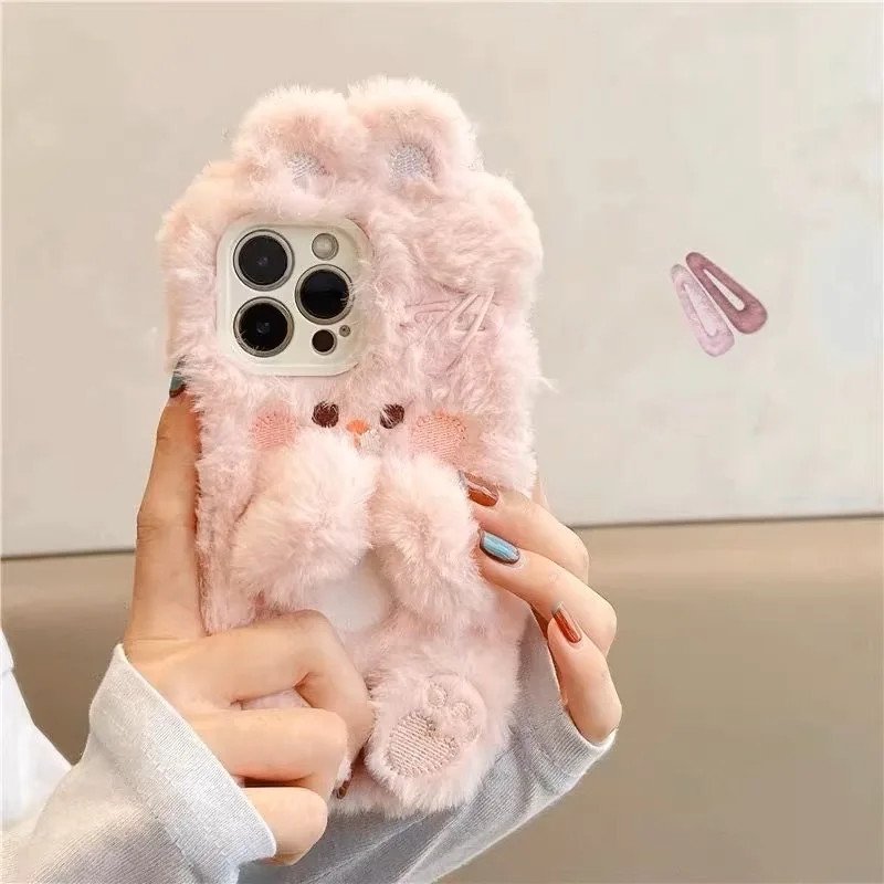 Pink Cute Hairpin Bunny Plush Phone Case For iPhone 15 14 11 12 13 Pro Max Drop Protective Cover