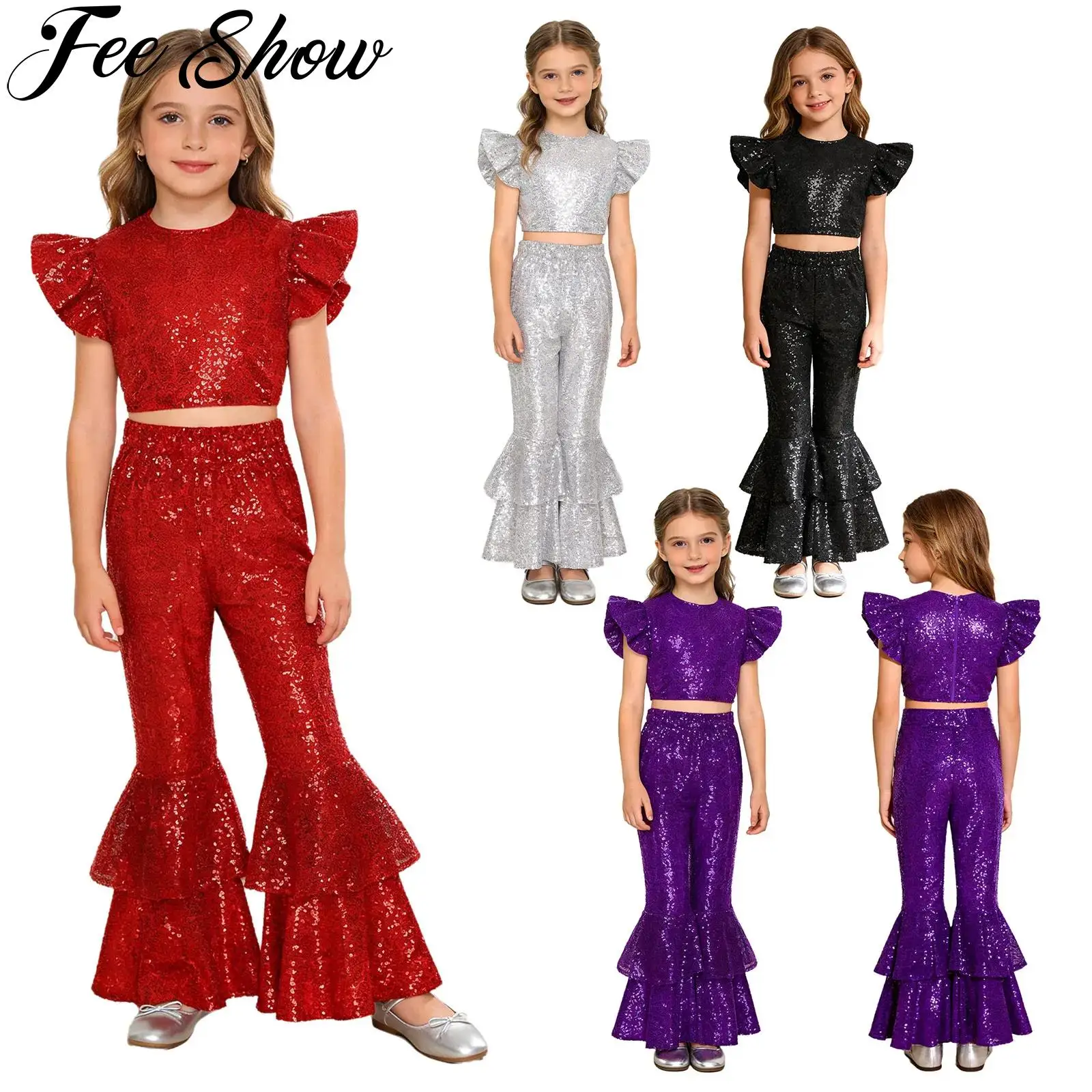 Girls Glittery Sequins Fly Sleeve Crop Top with Bell Bottom Pants Christmas Wedding Birthday Pageant Party Jazz Dance Outfits