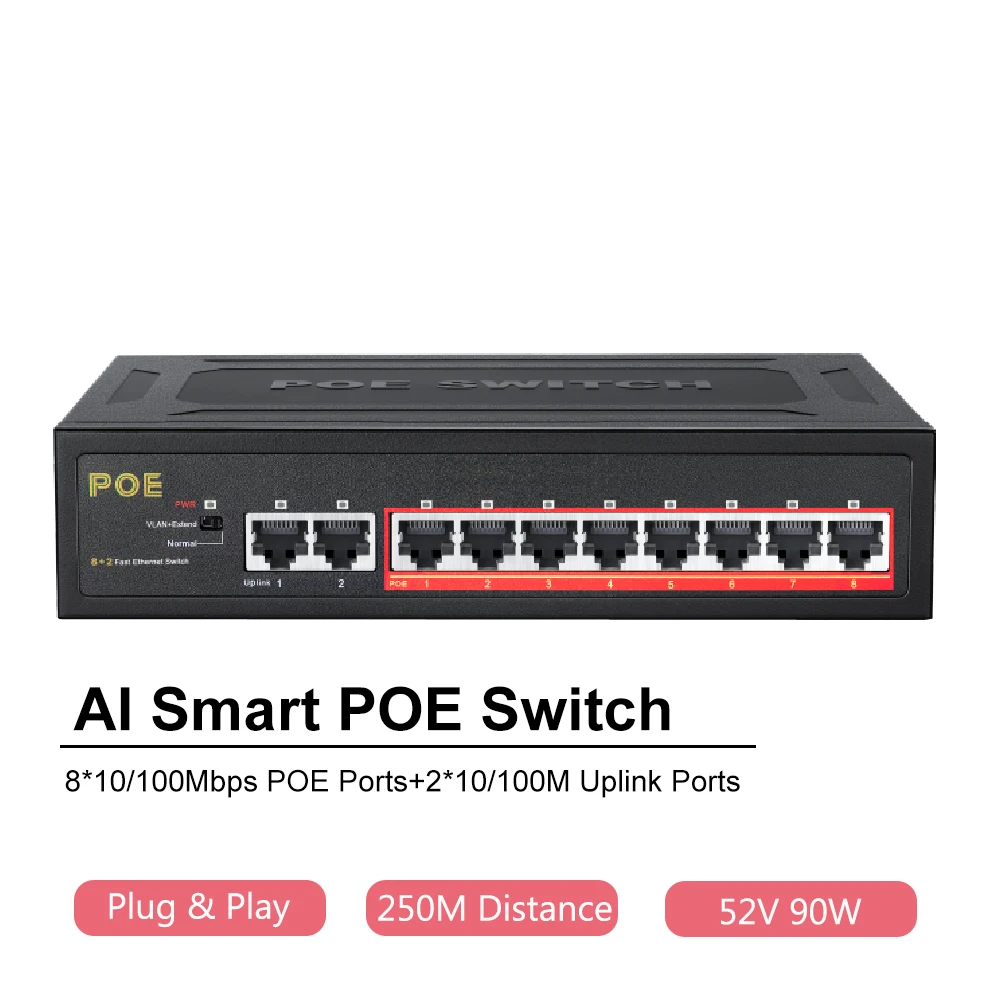 POE Switch 10 Ports 100Mbps Ethernet Switch with VLAN Network Splitter Smart Switch POE 90W 250M For IP Camera Wireless AP